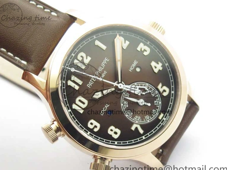 MIROTIME 0510 ZipUp Calatrava 5524R Pilot Travel Time RG GRF Brown Dial on Brown Leather Strap A324 V 7110